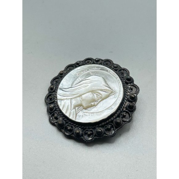 MOP Mother of Pearl Religious Cameo Brooch Jerusalem Holy Mary Pin and Pendant - Picture 5 of 7